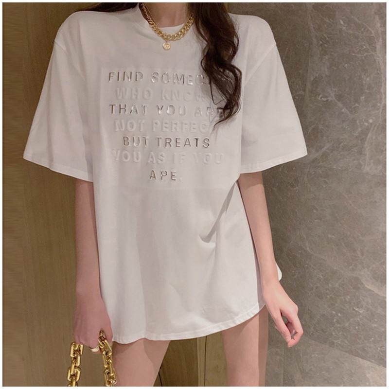 Áo thun SUXI tay ngắn cổ tròn dáng rộng in chữ thời trang mùa hè cho nữ