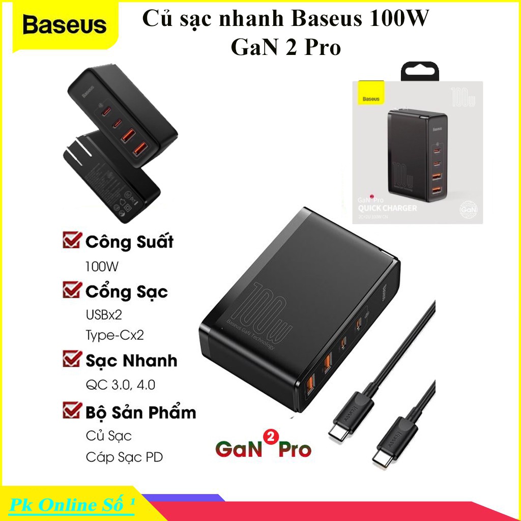 [Ảnh Thật] Củ Sạc Nhanh Baseus 100W Gan USB Type C PD QC 4.0 3.0 USB-C Cho Iphone 12 Pro Max Macbook