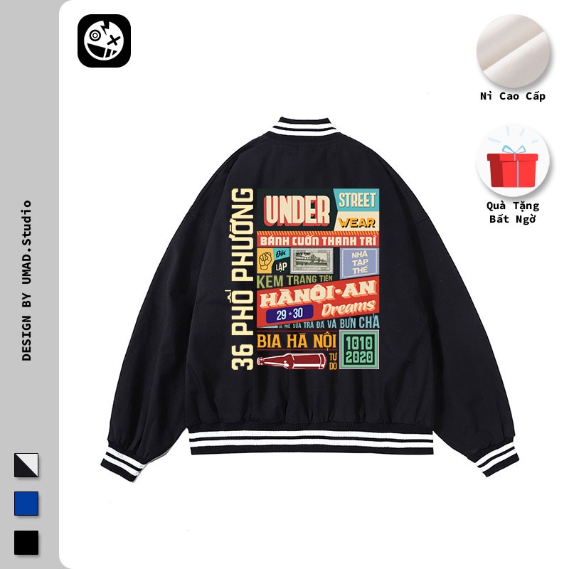 Áo khoác Bomber UMAD Hà Nội Under form rộng phông Unisex nam nữ kiểu Varsity Jacket vải nỉ bông cotton !