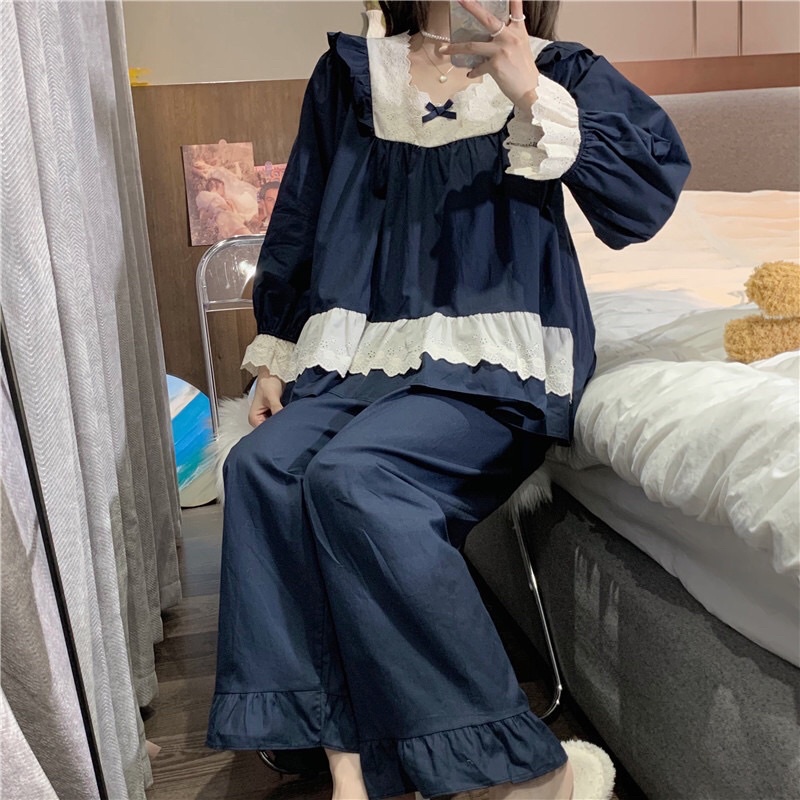 Đồ Ngủ_ Đồ Bộ Nữ Mặc Nhà Tiểu Thư Dài Tay Phối Viền Ren Quảng Châu