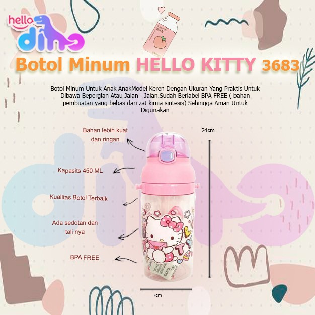 Hello Dino - 3683 | Bình nước có ống hút dài hình Hello Kitty dung tích 450ml