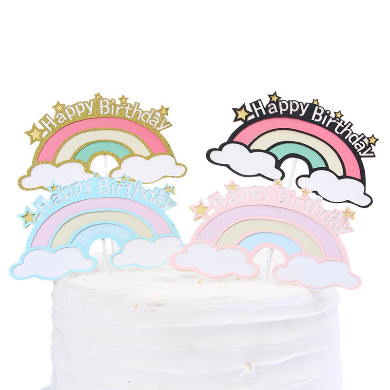 Phụ kiện cắm trang trí bánh kem hình cầu vồng và đám mây với chữ Happy Birthday xinh xắn