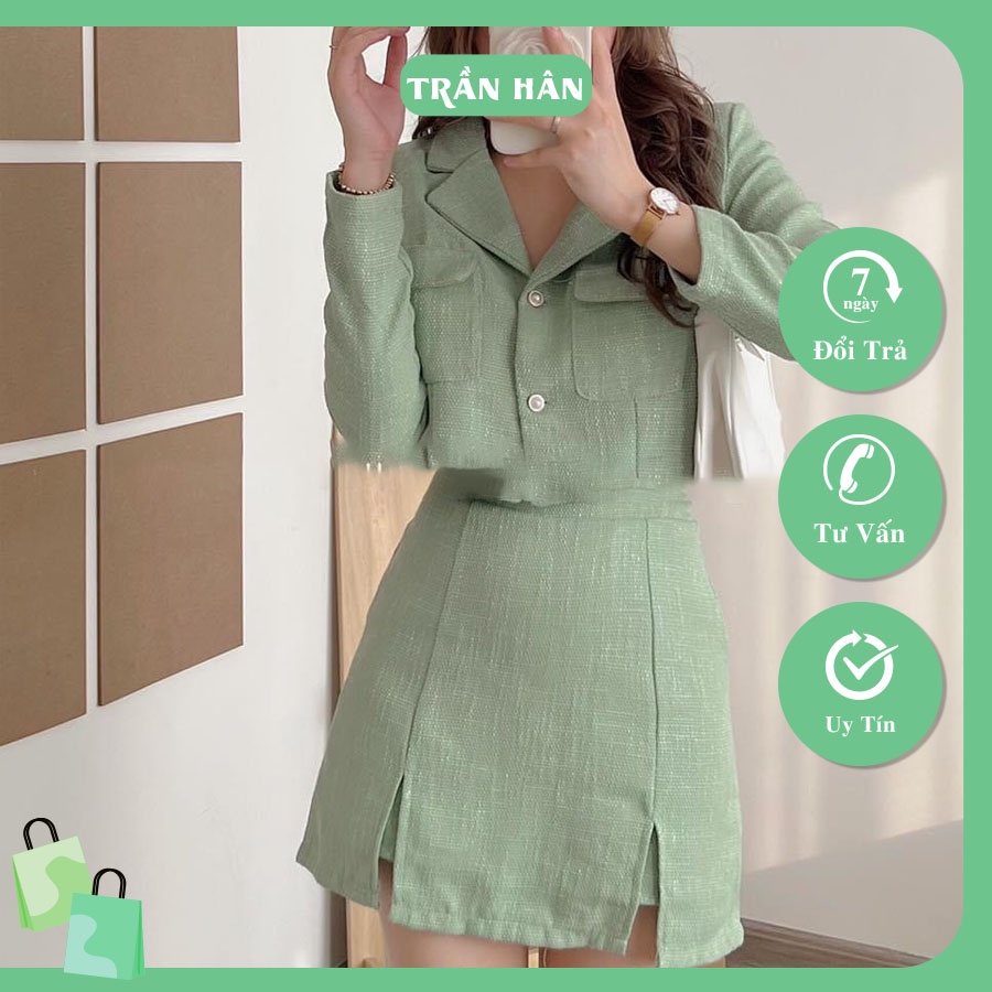 Set váy nữ áo cổ vest dáng croptop mix váy lót quần chất linen xịn thời trangI Trần hân Shop 4012422