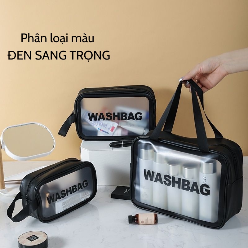 Túi đựng mỹ phẩm trong suốt cao cấp Washbag, túi đựng đồ du lịch đa năng 3 màu đen hồng trắng TDM01