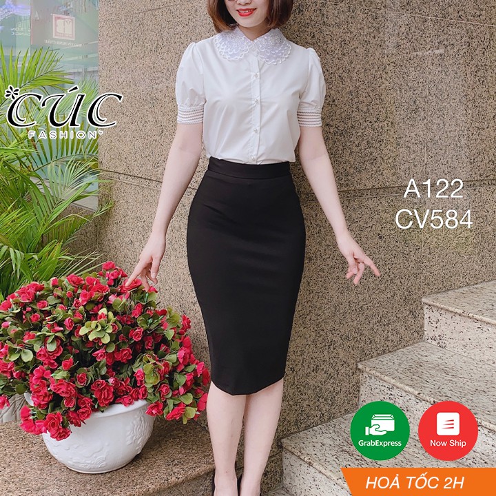 Áo sơ mi nữ cao cấp công sở Cúc Fashion A122 áo somi cổ ren cúc ngọc