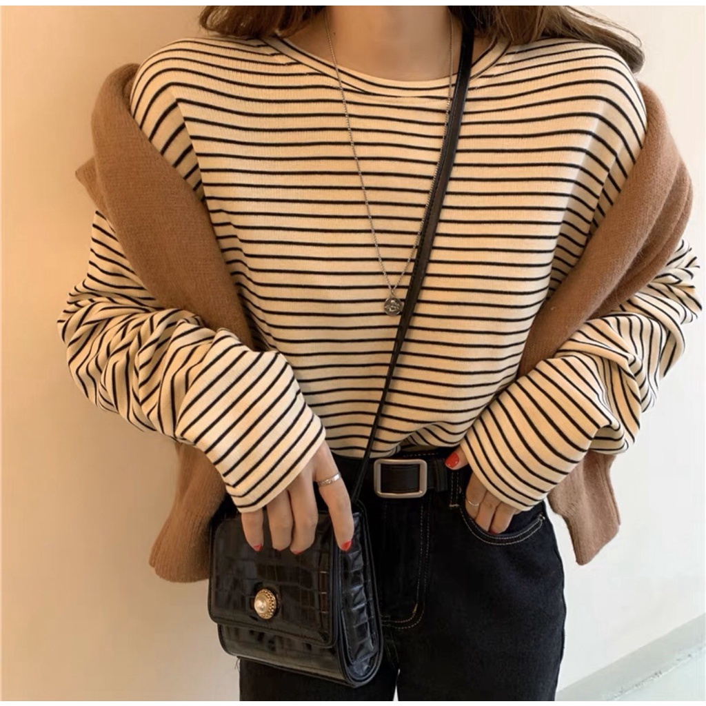 áo thun nữ dài tay form rộng thu đông kẻ sọc kiểu dáng trẻ trung satsun | BigBuy360 - bigbuy360.vn
