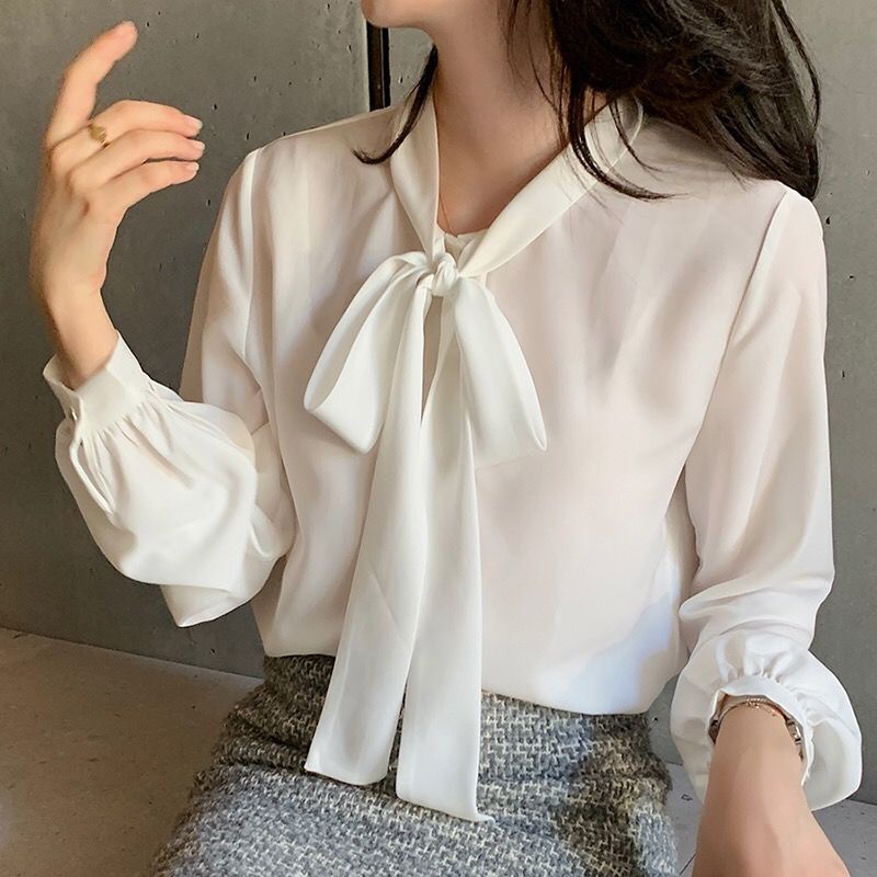 Áo Sơ Mi Tay Dài Thắt Nơ Màu Sắc Thanh Lịch Dành Cho Nữ