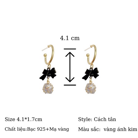 Khuyên tai chuôi bạc 925 dáng nơ đen sang chảnh TODOKI Accessories T017