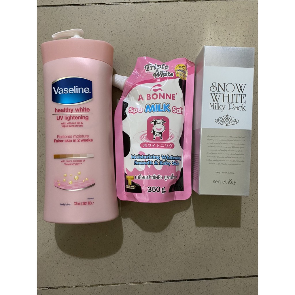 COMBO Dưỡng Thể VASELINE+Kem tắm trắng SNOW WHITE SECRET KEY+Muối Tẩy Tế Bào Chết A BONNE