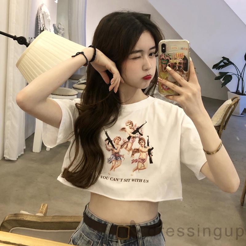 Áo thun hở bụng tay ngắn cổ tròn thời trang đơn giản in hình thiên thần và chữ cái dành cho bạn nữ | BigBuy360 - bigbuy360.vn