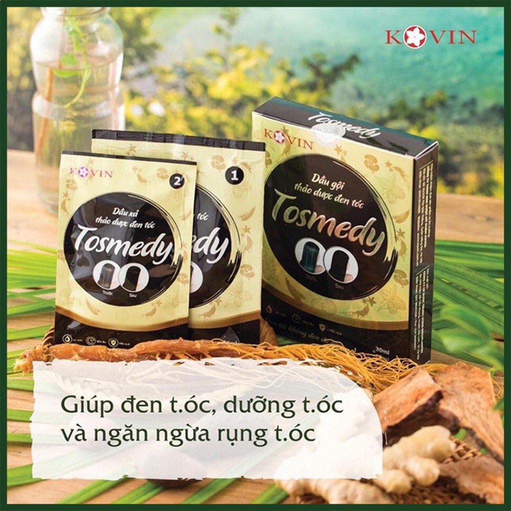 Dầu gội thảo dược Đen tóc TOSMEDY. Dầu gội nhuộm tóc đen, nhuộm phủ bạc_Gội là Đen. Hộp 2 gói nhỏ,gọn hơn