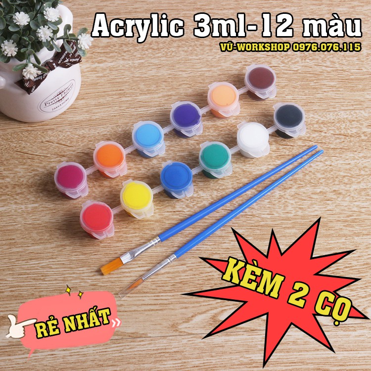 Bộ 12 Màu Vẽ Acrylic 3ml Kèm 2 Cọ Vẽ - Màu Acrylic Mini Vẽ Áo, Tô Tượng, Vẽ 3D, Giày, Thủy Tinh, Gỗ