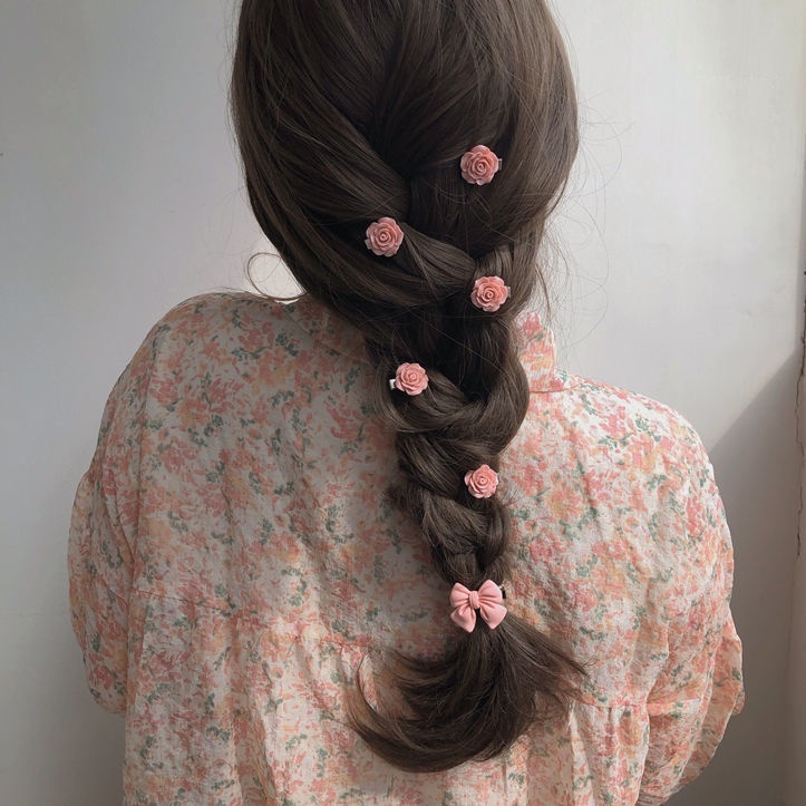 Kẹp Tóc Đính Nơ Họa Tiết Trái Tim/Hoa Trà Màu Hồng Ngọt Ngào Xinh Xắn Cho Bé Gái