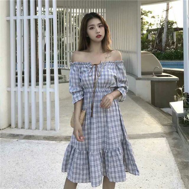 (Có sẵn) Váy trễ vai đuôi cá caro thắt eo xinh xắn | BigBuy360 - bigbuy360.vn