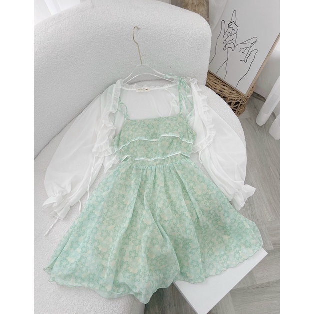 Set Đầm Hoa Mint Kèm Áo Khoác Hèo Studio