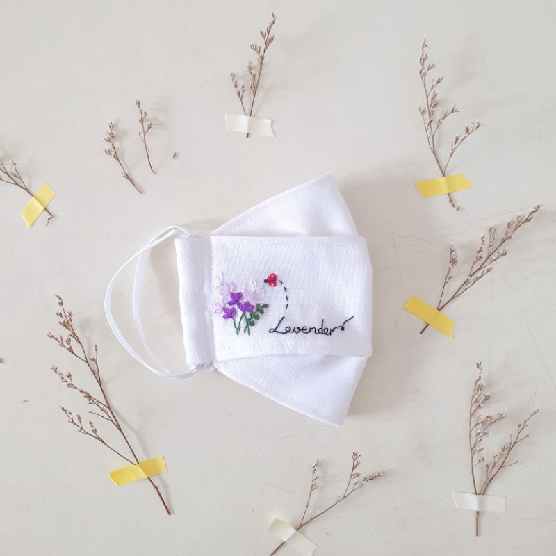 Khẩu trang 3D vải Linen lót Muslin thêu hoa Lavender