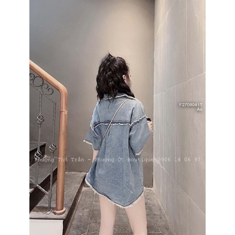 Áo jean nút phối viền tua rua có túi gắn mác tay ngắn thời trang!