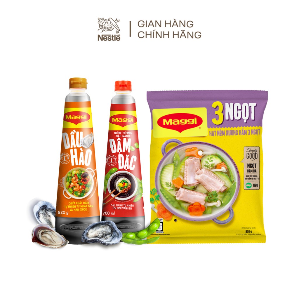 Combo Maggi gia vị đậm đà: 1 nước tương đậu nành đậm đặc 700ml + 1 hạt nêm xương hầm 3 ngọt heo 900g + 1 dầu hào 820g