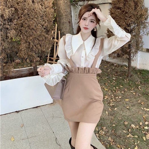 Set áo sơ mi tay dài phồng và đầm hai dây lưng cao ôm dáng thời trang dành cho nữ