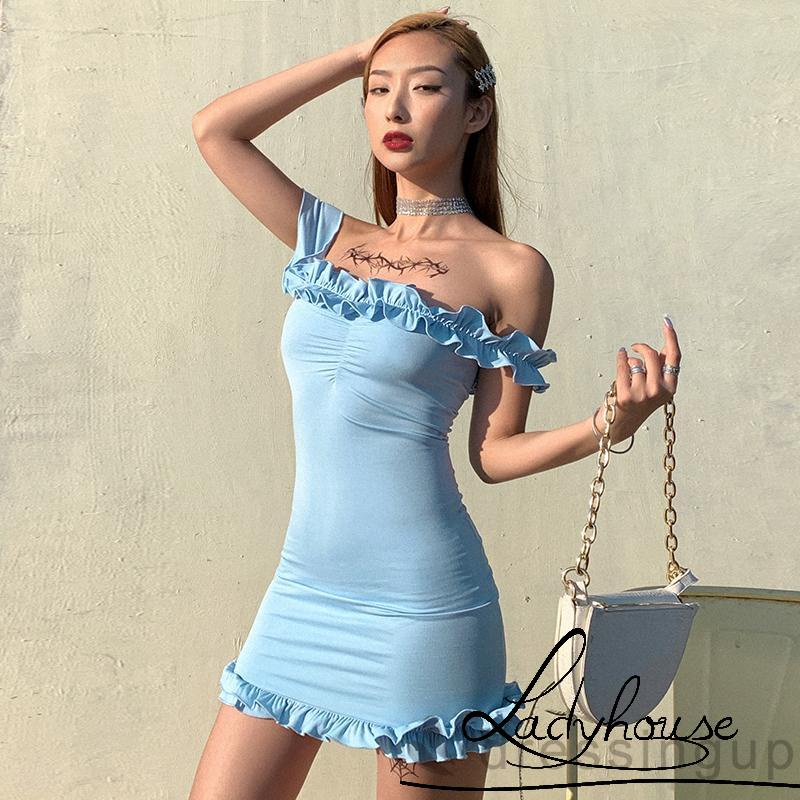 Đầm Ngắn Ôm Dáng Không Tay Màu Trơn Có Diềm Xếp Nếp Cho Nữ