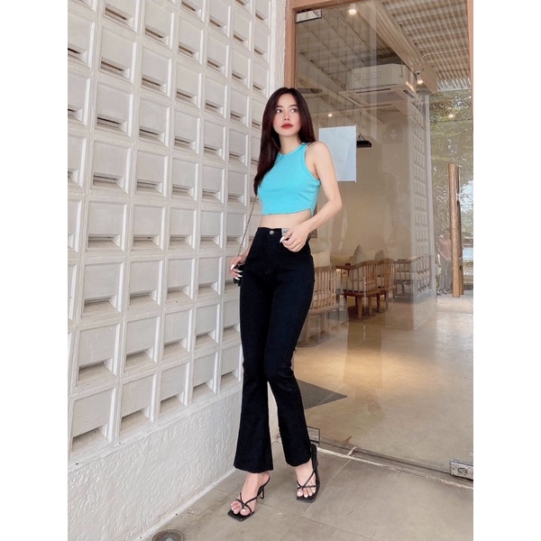 Quần jean bò nữ lưng cao, ống loe chất cotton co giãn, màu đen tôn dáng QD005 - K.A Jeans
