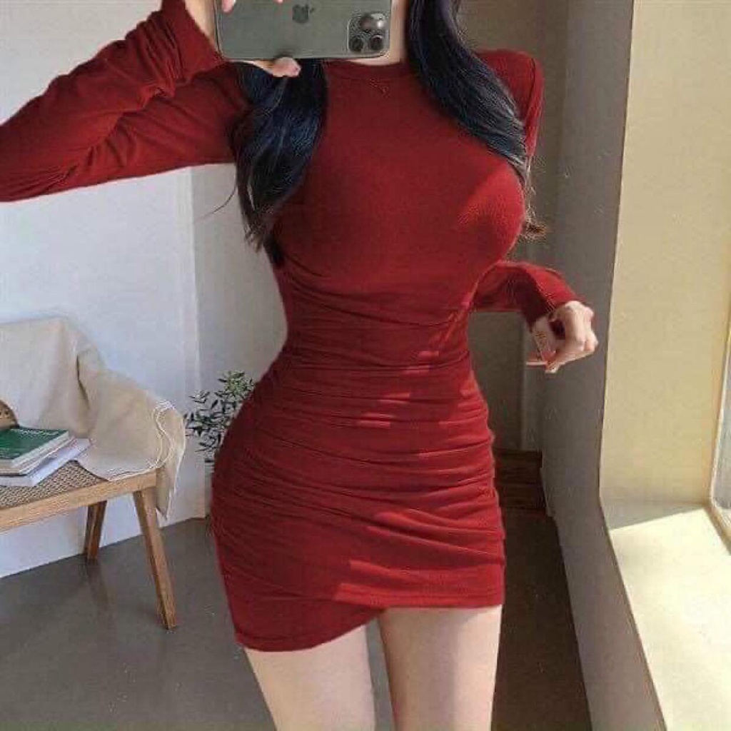 Đầm váy nữ trễ vai tay dài nhún sườn dáng ôm body sang chảnh, tôn dáng thời trang nữ | BigBuy360 - bigbuy360.vn