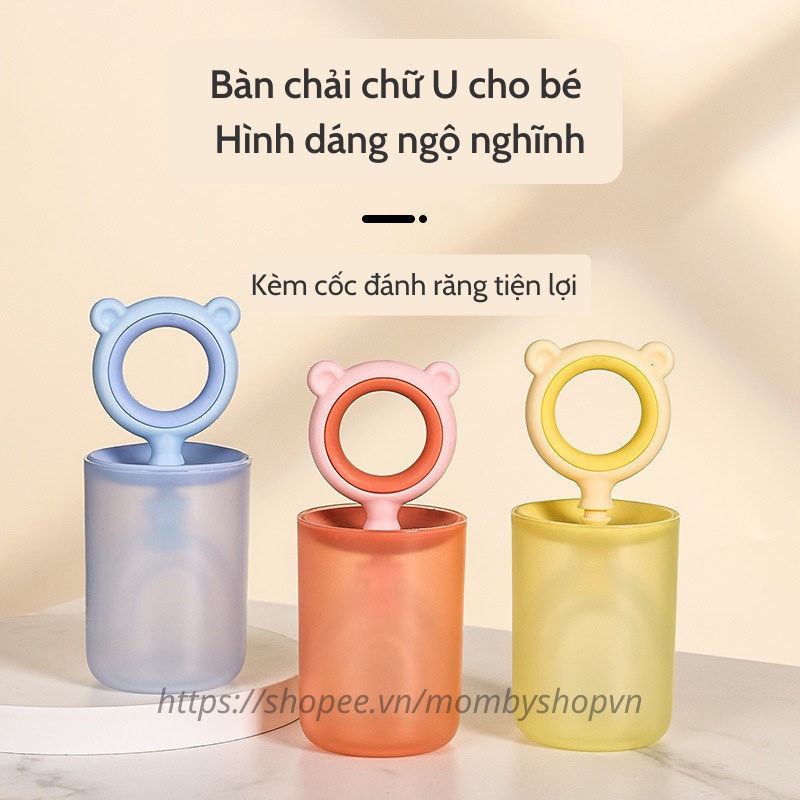 Bàn chải đánh răng chữ u cho bé Teddy kèm cốc, bàn chải đánh răng silicon cho bé từ 2 - 7 tuổi
