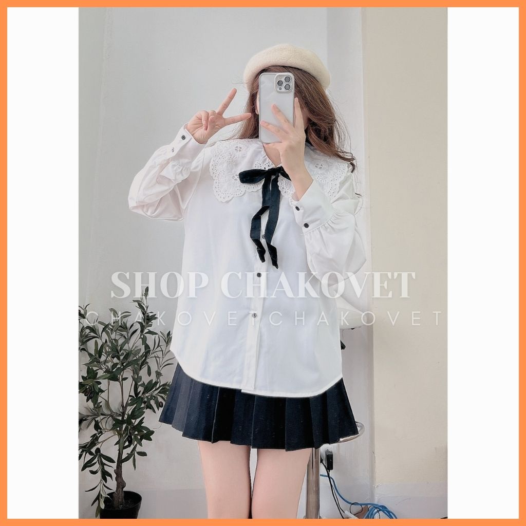 Áo sơ mi nữ tay dài họa tiết A8137, kiểu áo nữ màu trắng thiết kế cổ bèo buộc nơ dễ phối đồ mặc đi làm đi học freesize