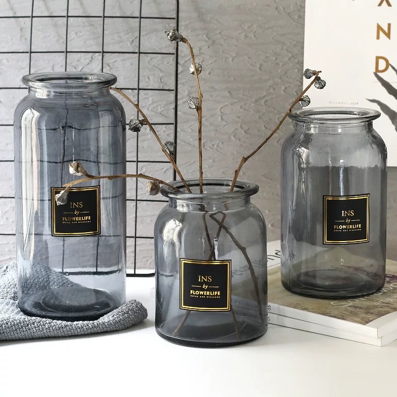 Bình hoa thủy tinh vintage màu khói xám, hổ phách, hoạ tiết trơn basic