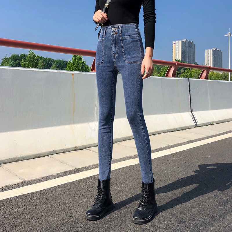 quần jean nữ lưng cao dáng ôm co giãn chất đẹp 2 khuy tua gấu
