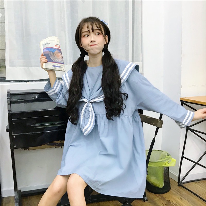 Đầm baby doll tay dài thủy thủ dễ thương ulzzang ( 2 màu )