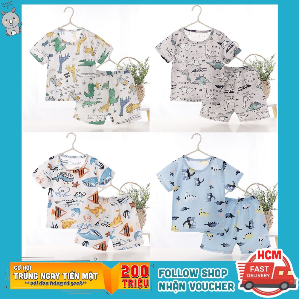 Bộ quần áo bé trai tay cộc chất liệu cotton sợi tre siêu mát in hình khủng long phong cách Hàn Quốc Rhino Kids