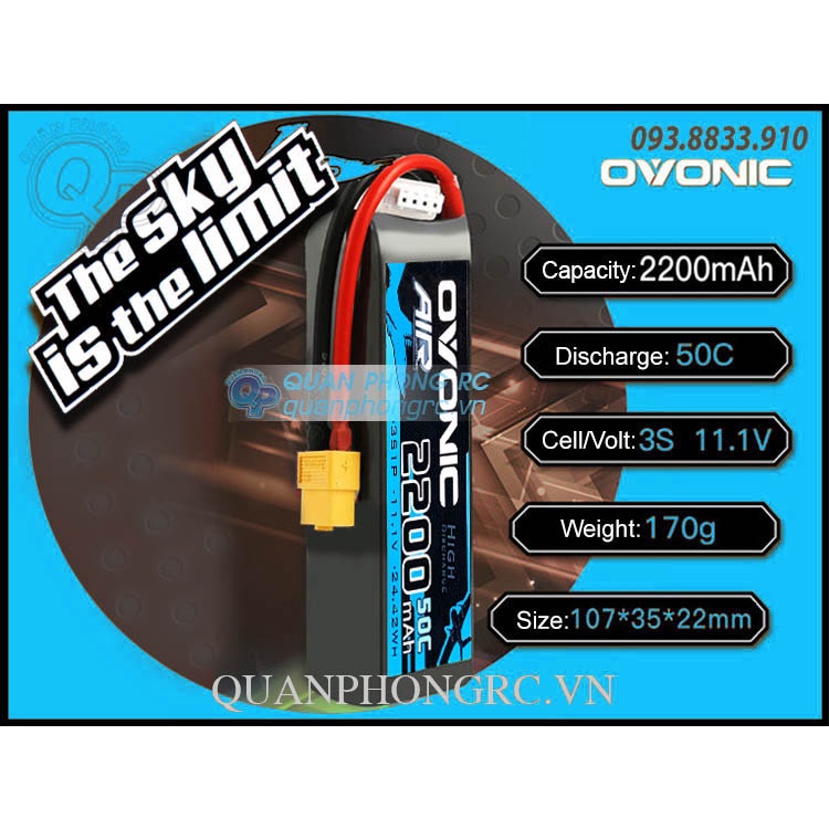 Pin Ovonic AIR Xanh Dương 2200mAh 3S 50C 11.1V LiPo Battery XT60 Plug