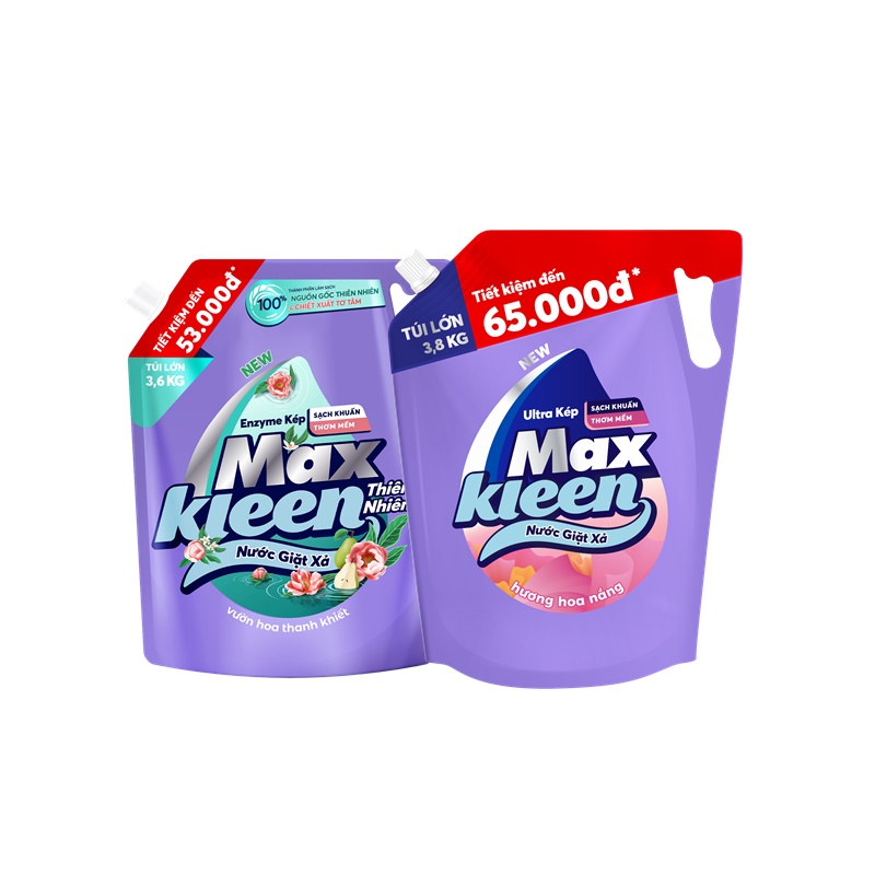Combo 2 Túi nước giặt xả MaxKleen Thiên nhiên 3.6kg + Hoa nắng 3.8kg