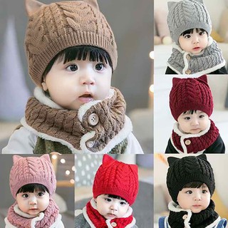 Mũ len cho bé kèm khăn có cúc bấm thời trang có lông bên trong cute ấm áp cho bé 6-36 tháng