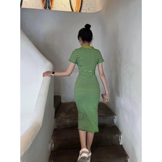 Đầm body sọc cổ bẻ chất thun form ôm 2m