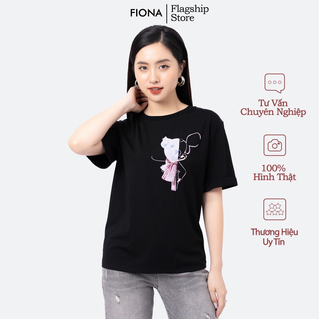 Áo thun nữ Fiona cổ tròn dáng suông áo phông nữ in họa tiết hình gấu cách điệu trẻ trung F521167