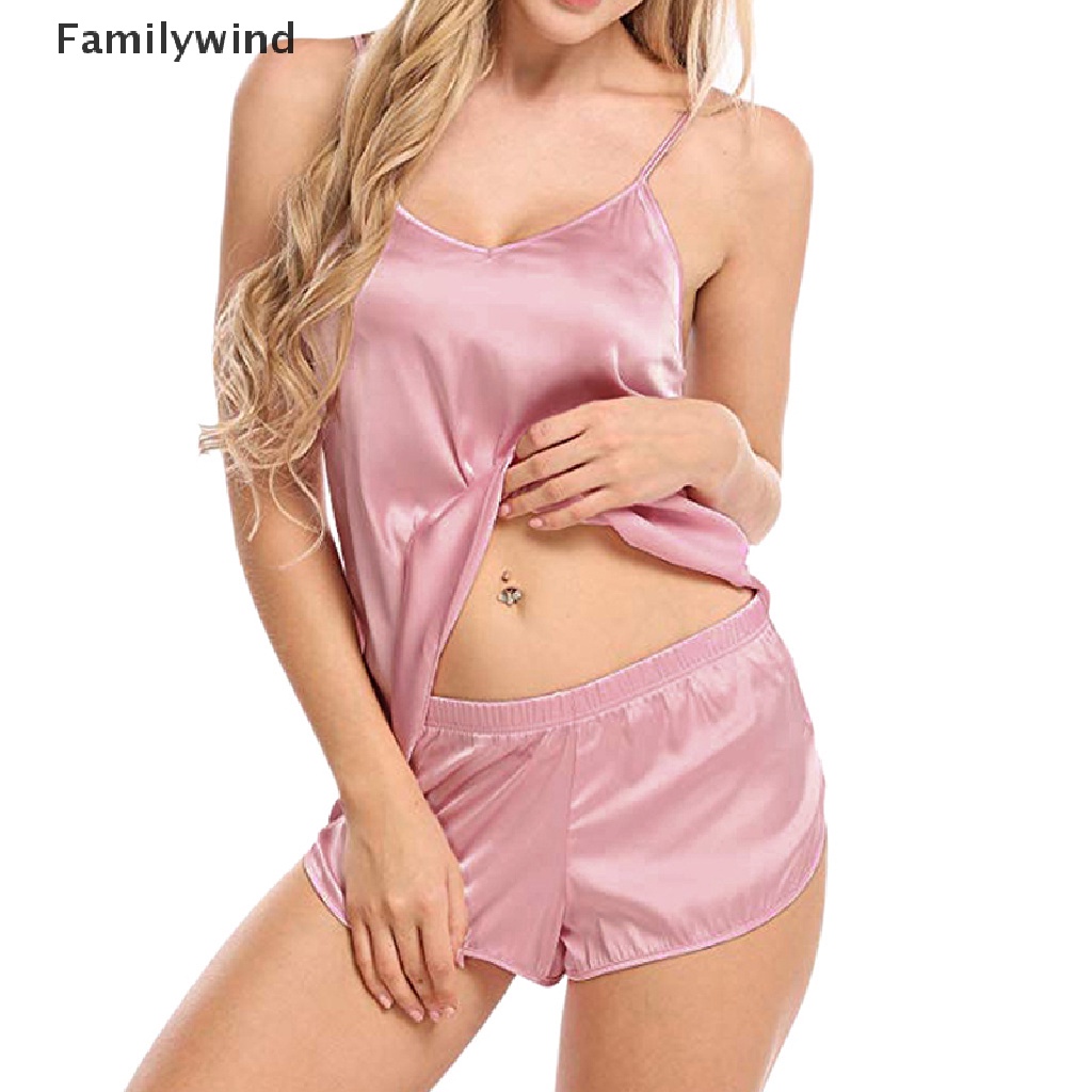 Bộ đồ ngủ áo hai dây cổ chữ v phối quần short vải lụa thời trang quyến rũ cho nữ
