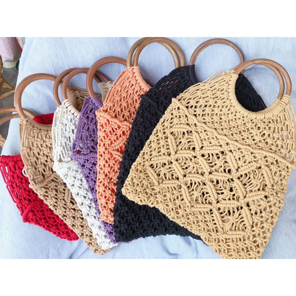 Túi đi biển, đan macrame siêu xinh xắn dành cho mùa hè, phong cách vintage, boho, Cao: 29cm Dài: 32cm Vòng quai: 11cm