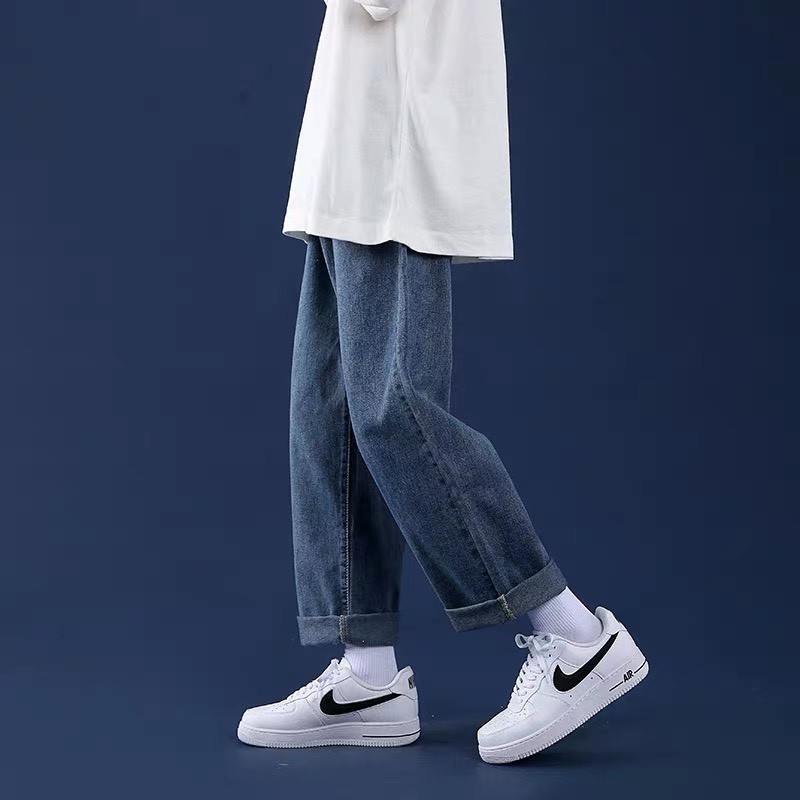 Quần baggy jean nam trơn xanh ống suông chất dày Form chuẩn như hình, quần bò jean ống rộng FFStore | BigBuy360 - bigbuy360.vn