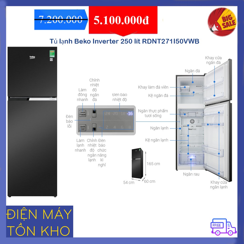 Tủ lạnh Beko Inverter 250 lít RDNT271I50VWB