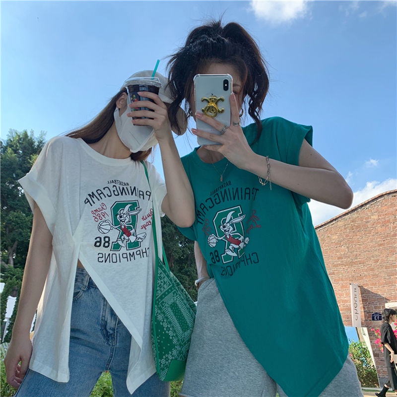 Áo Thun Dáng Rộng Xẻ Tà Họa Tiết Hoạt Hình Phong Cách Retro Mùa Hè Cho Nữ