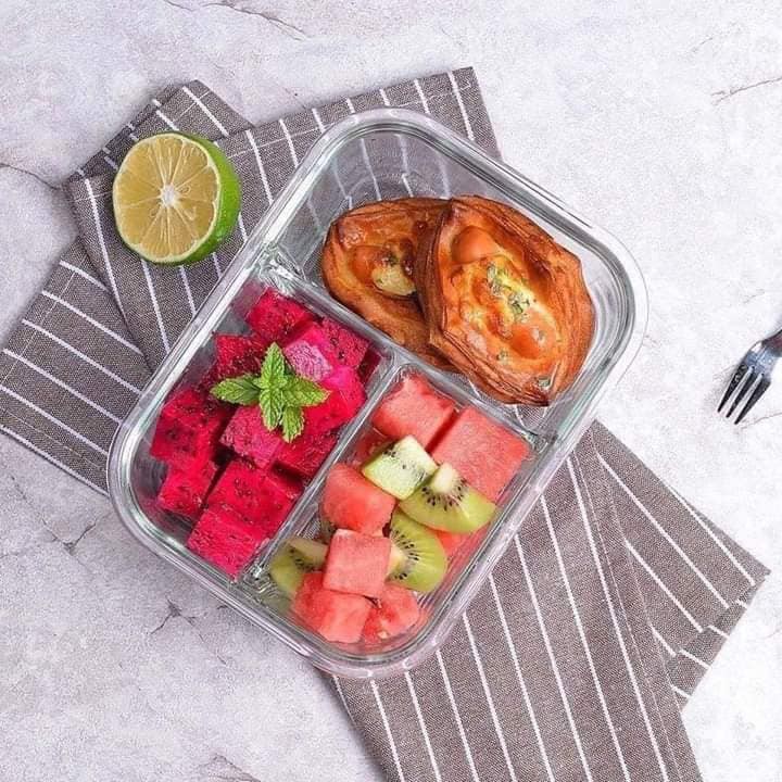 Hộp cơm thủy tinh chia ngăn, 3 ngăn dung tích 1L, 1,5L hộp cơm chia ngăn chống tràn, có thể dùng trong lò vi sóng