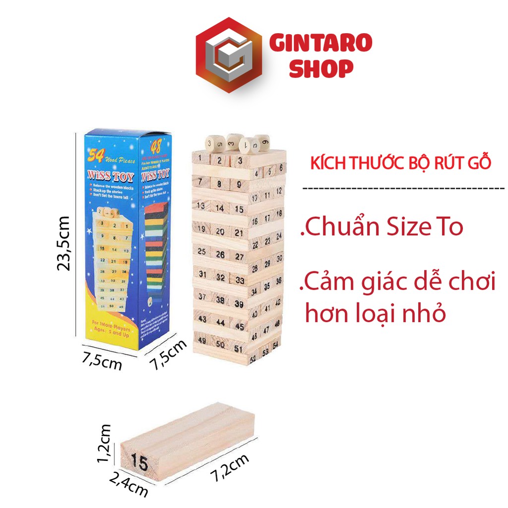 Xếp gỗ size lớn 54 thanh cho bé , Đồ chơi rút gỗ loại to giúp phát triển kỹ năng cho bé GINTARO SHOP