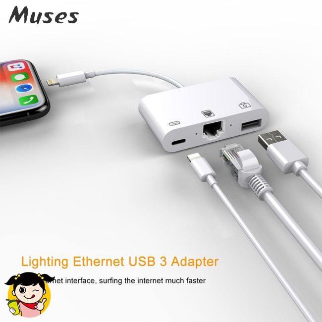 Muse07 3 in 1 Charger Adapter iPhone Interface to LAN 100Mbps/1000Mbps Ethernet RJ45 Adapter OTG USB 3.0