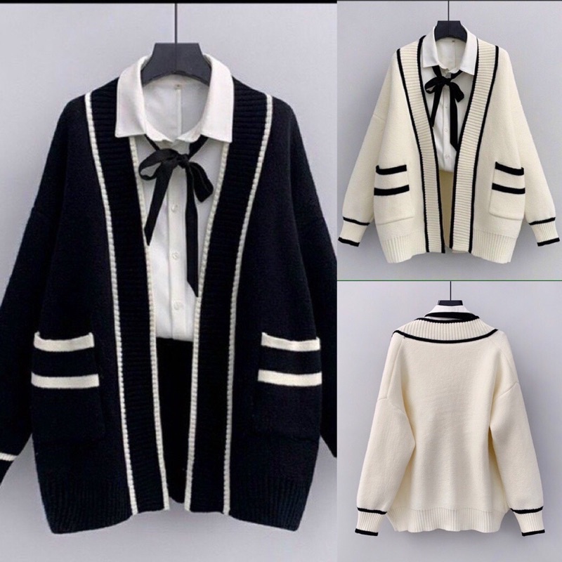 Áo Khoác nữ Cardigan đen trắng Hàn Quốc có túi xinh xắn 😍