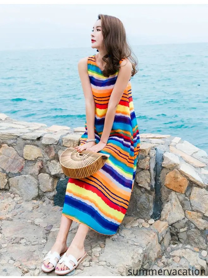 Váy Đi Biển Đầm Maxi Hoa Women's Long Beach Midi Dresses Rainbow Multi Color Printed Plus Size Korean Fashion Bohemian Chiffon Double Layer