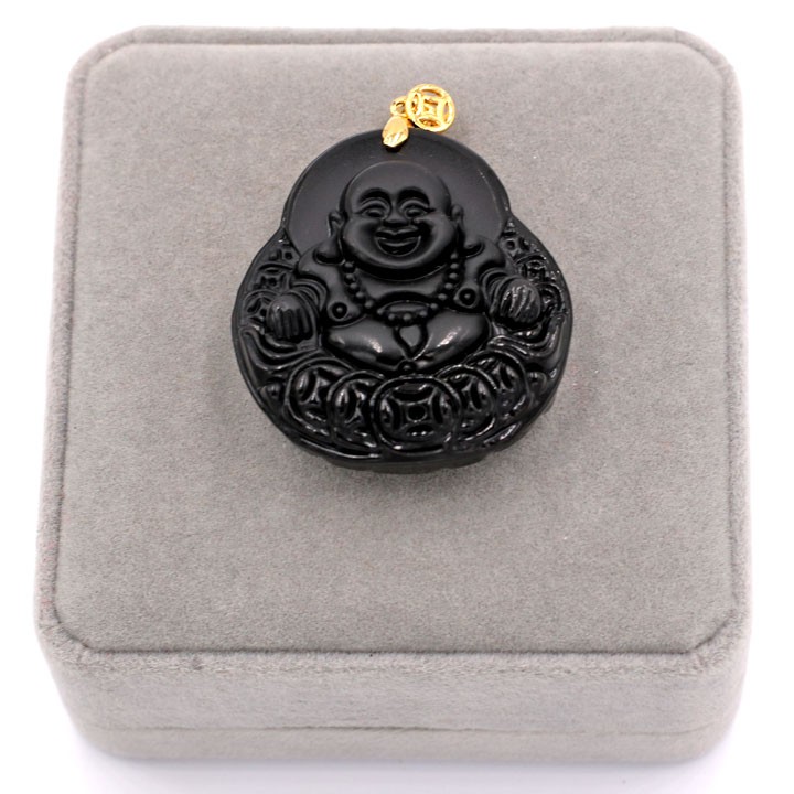 Mặt dây chuyền Phật Di lặc đá đen MPDLE11 - Mặt Phật đá phong thủy - Size lớn, phù hợp cho nam