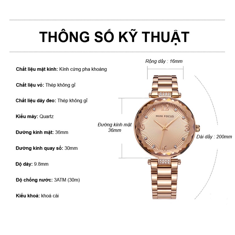 [CHÍNH HÃNG] Đồng hồ nữ MINI FOCUS MF038S mặt vát 3D kim cương dây thép chống rỉ | BigBuy360 - bigbuy360.vn
