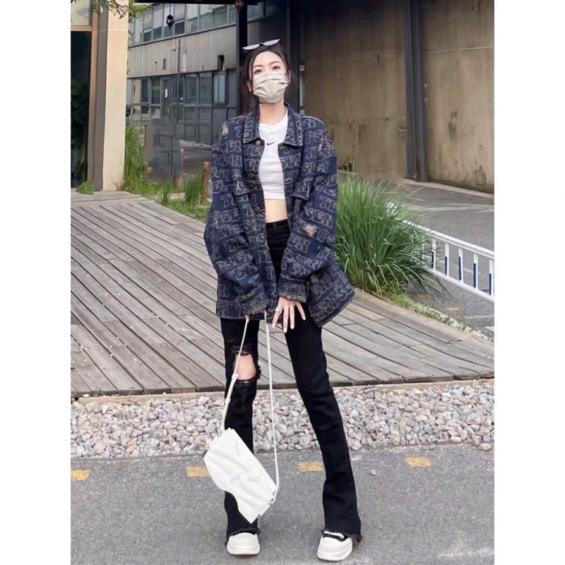 Quần jean ống loe màu đen rách gối lưng cao siêu hack dáng